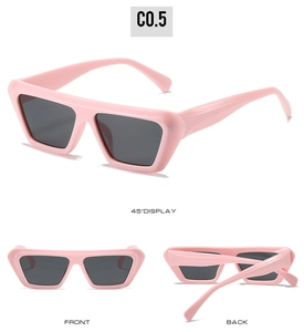 Three perspectives of flat top square sunglasses in pink frames with dark lenses