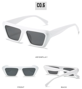 Three views of white square frame sunglasses with dark grey lenses in professional layout