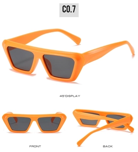 Three-angle view of orange flat top square sunglasses with dark polarized lenses