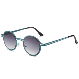 Retro round frame sunglasses in dark green with blue accents and grey gradient lenses