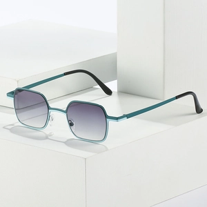 Chic teal square metal frame sunglasses with gradient grey lenses on minimalist stand