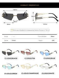 Size chart and specifications for rimless cat eye sunglasses with metal frame and color guide