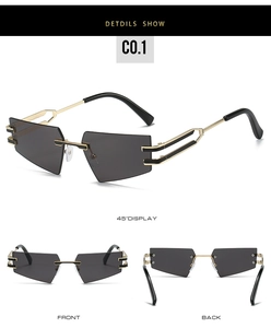 Detailed multi-angle views of rimless cat eye sunglasses with gray lenses and gold frames