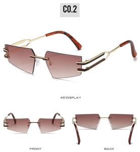 Three-view display of rimless cat-eye sunglasses with gradient brown lenses and gold frame