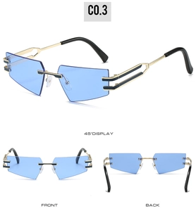 Three-way view of cat eye rimless sunglasses with light blue lenses and gold metal frames