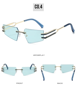 Frameless cat-eye sunglasses with light blue lenses and gold metal accents in multi-view