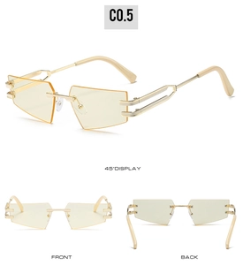 Three-view display of rimless cat-eye sunglasses with yellow lenses and gold metal frames