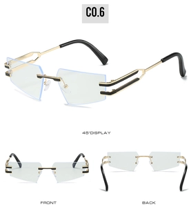Three-angle views showing gold metal bridge and rimless polygonal frame sunglasses