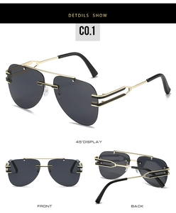 Détail en trois vues de lunettes pilote sans monture avec verres gris et métal doré
