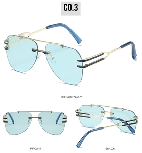Vues sous trois angles de lunettes pilote sans monture avec verres bleus et monture or