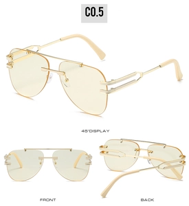 Vue multi-angles de lunettes aviateur sans monture avec verres champagne et monture dorée