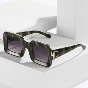 Oversized marble texture square sunglasses with purple gradient lenses and gold accents