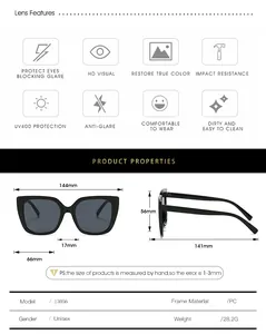 Detailed size chart and technical specifications for square oversized fashion sunglasses