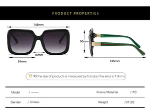 Detailed size chart for retro oversized square sunglasses showing frame dimensions in mm