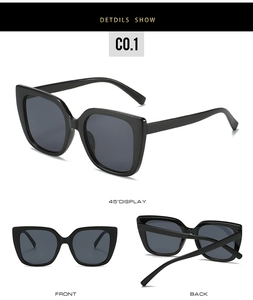 Three-angle display of oversized square sunglasses in glossy black frame and smoke lenses