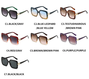 Detailed grid showing seven trendy oversized square sunglasses in multiple color options