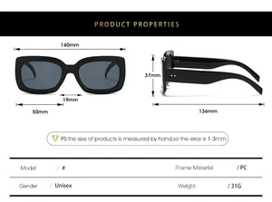 Tableau des tailles détaillé pour lunettes de soleil carrées avec mesures des verres