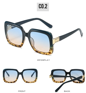 Three-way view showing black and tortoiseshell square sunglasses with gradient lenses