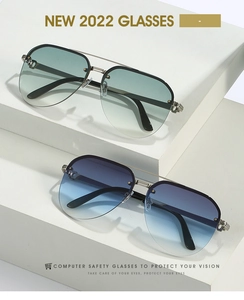 Detail view of double bridge pilot sunglasses with gradient blue and green lenses