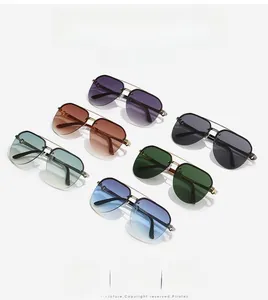 Macro detail of double-bridge metal aviator sunglasses with gradient lenses