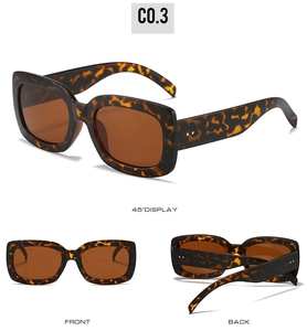 Détails de lunettes de soleil carrées en écaille de tortue avec verres bruns et clous