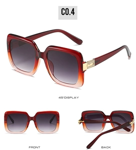 Detailed views of square oversized sunglasses with gradient frames and gold hinge accents