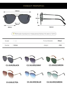 Detailed size chart for pilot sunglasses featuring frame dimensions and color options