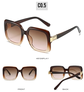 Three-angle display of square gradient oversized sunglasses with gold temple accents