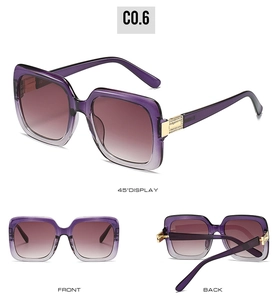Detailed views of purple gradient oversized square sunglasses with gold metal hinges