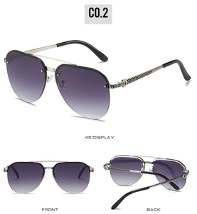 Three views of purple gradient aviator sunglasses with detailed V-pattern metal temples