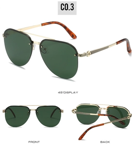 Multi-angle view of aviator sunglasses with green lenses and gold metal frames