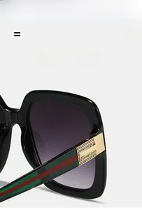 Macro detail of square sunglasses featuring green-red stripes and crystal-encrusted metal