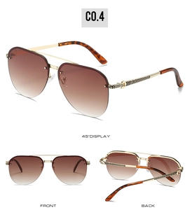 Three-way view of gold metal aviator sunglasses with brown gradient lenses and C0.4 mark
