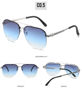 Detailed views of double-bridge aviator sunglasses with blue gradient lenses and silver frame