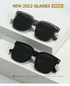 Macro detail of large square frame sunglasses with metal hinge decor and dark lenses