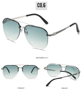 Three-way view of silver metal aviator sunglasses with blue-green gradient lenses