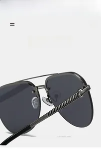 Macro view of gunmetal pilot sunglasses featuring unique spiral braided temple textures