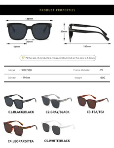 Detailed size chart and technical specifications for stylish oversized square sunglasses