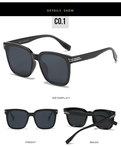 Detail view of black square sunglasses with UV400 protection and polarized lenses