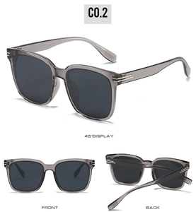 Detail view of large frame transparent grey sunglasses with silver metal temple accents