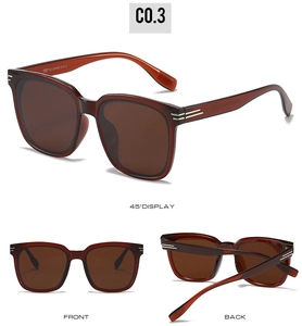 Multiple views of oversized amber sunglasses showing UV400 and CAT.4 protection details