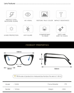 Detailed size specifications for black TR90 cat-eye frames with anti-blue light lenses