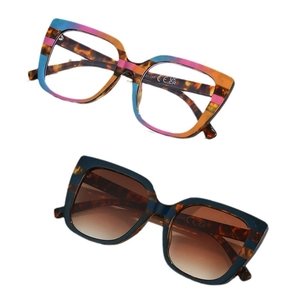Main view of two-tone oversized sunglasses and cat-eye frames with tortoiseshell finish