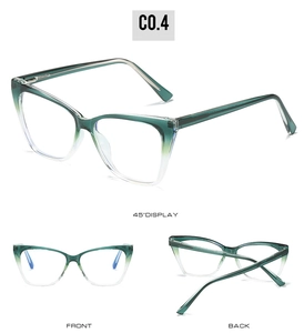 Three-angle view of gradient green cat-eye TR optical frames with anti-blue light lenses