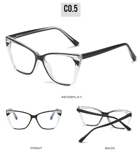 Detailed multi-angle views of TR optical cat-eye frames in black and clear colors