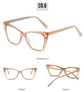 Three views of cat-eye champagne frames showing front, side and back structure