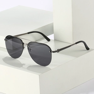 Classic gunmetal aviator sunglasses with double bridge and textured temple engraving