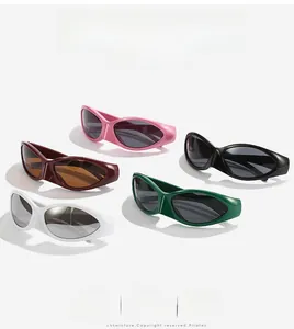 Detailed view of trendy Y2K wraparound sports sunglasses in five vibrant glossy colors