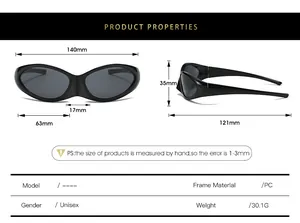 Detailed size chart for Y2K sporty sunglasses showing frame width and lens dimensions