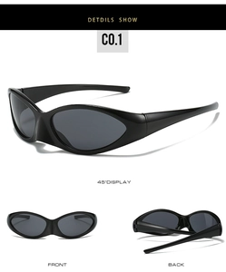 Three-view display of black wrap-around sports sunglasses with C0.1 grey lenses